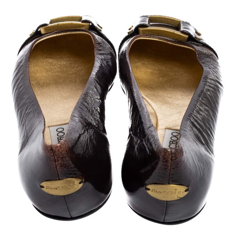 Pre Owned Jimmy Choo Dark Brown Patent Leather Morse Buckle Ballet Flats Size 39