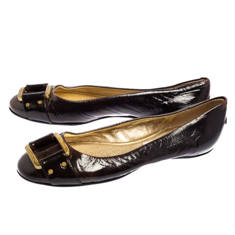 Pre Owned Jimmy Choo Dark Brown Patent Leather Morse Buckle Ballet Flats Size 39