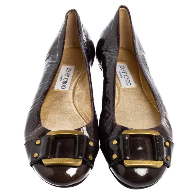 Pre Owned Jimmy Choo Dark Brown Patent Leather Morse Buckle Ballet Flats Size 39