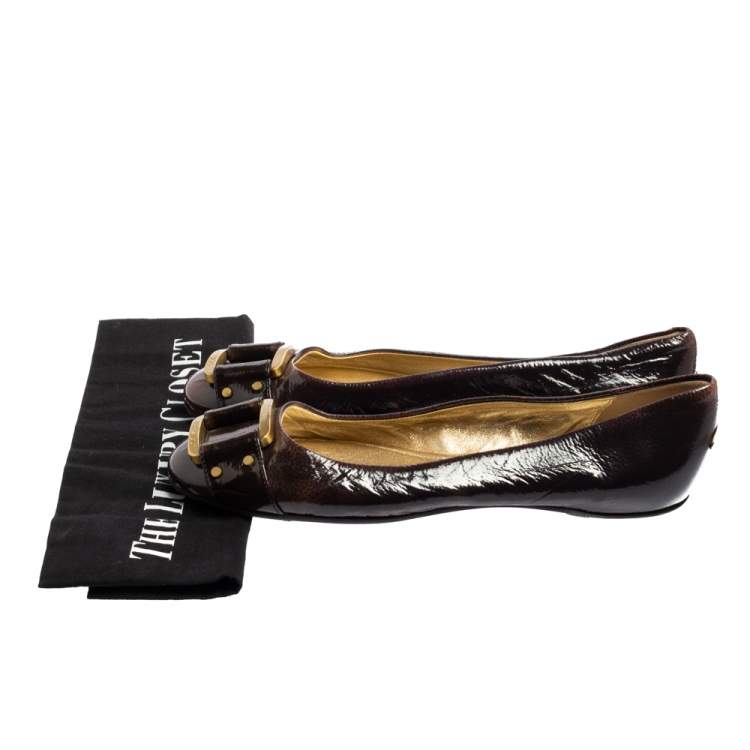 Pre Owned Jimmy Choo Dark Brown Patent Leather Morse Buckle Ballet Flats Size 39