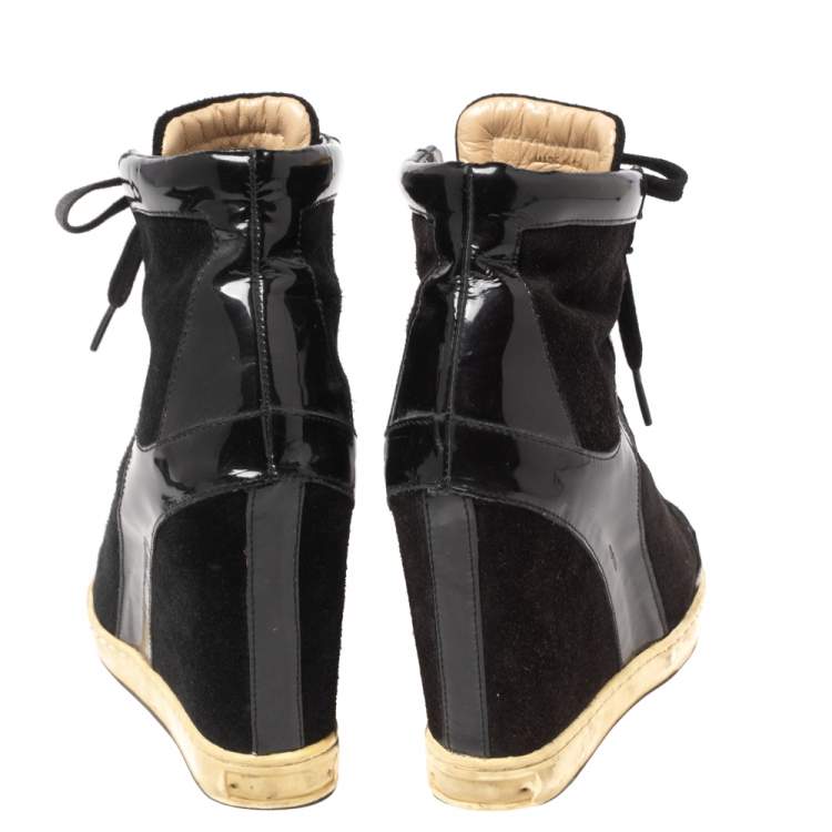Pre Owned Jimmy Choo Black Patent Leather and Suede Panama Wedge Sneakers Size 37