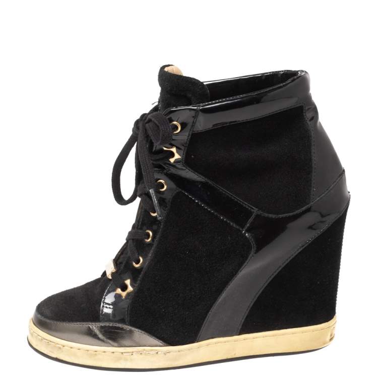 Pre Owned Jimmy Choo Black Patent Leather and Suede Panama Wedge Sneakers Size 37