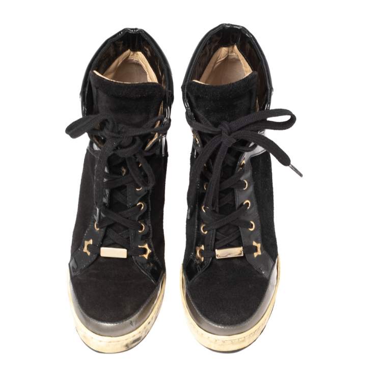 Pre Owned Jimmy Choo Black Patent Leather and Suede Panama Wedge Sneakers Size 37