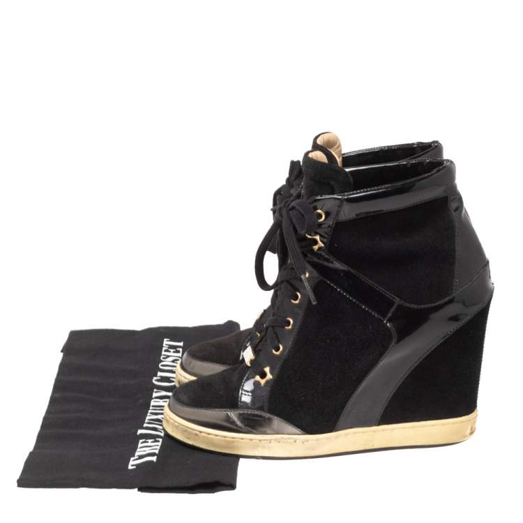 Pre Owned Jimmy Choo Black Patent Leather and Suede Panama Wedge Sneakers Size 37