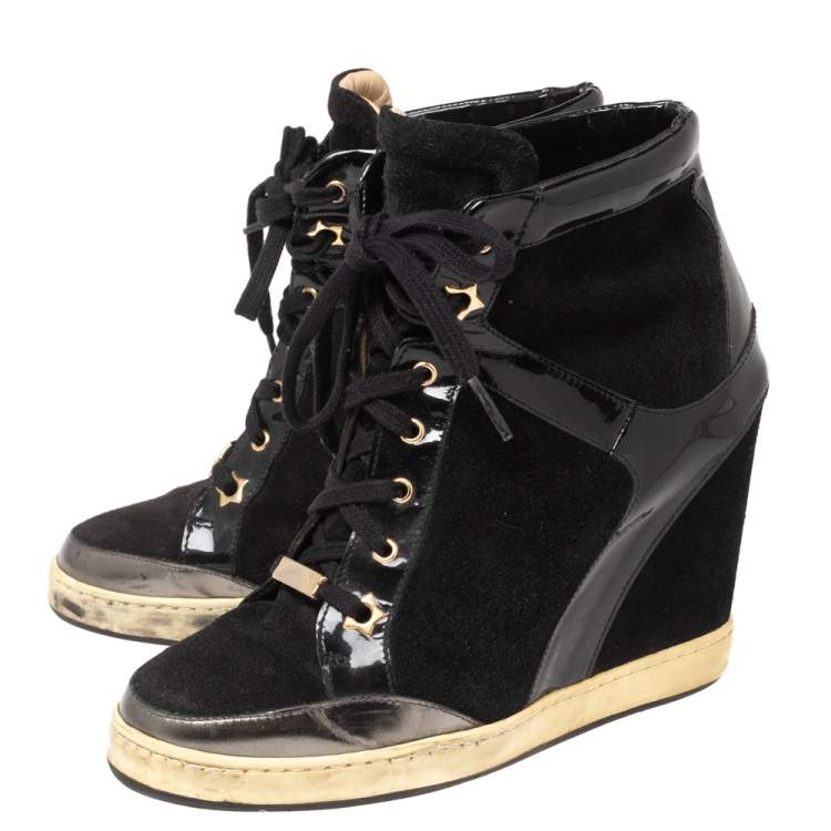 Pre Owned Jimmy Choo Black Patent Leather and Suede Panama Wedge Sneakers Size 37