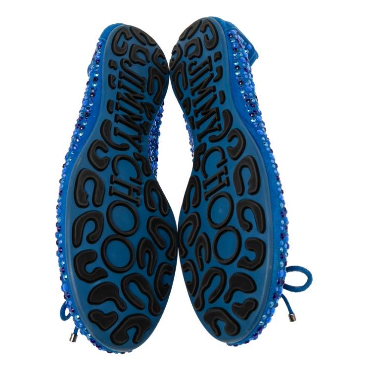 Pre Owned Jimmy Choo Blue Crystal Embellished Suede Walsh Bow Ballet Flats Size 37