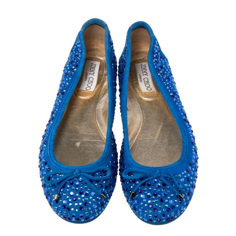 Pre Owned Jimmy Choo Blue Crystal Embellished Suede Walsh Bow Ballet Flats Size 37