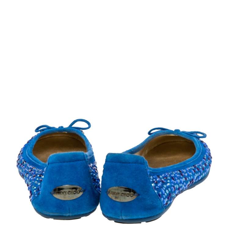Pre Owned Jimmy Choo Blue Crystal Embellished Suede Walsh Bow Ballet Flats Size 37
