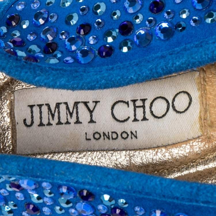 Pre Owned Jimmy Choo Blue Crystal Embellished Suede Walsh Bow Ballet Flats Size 37