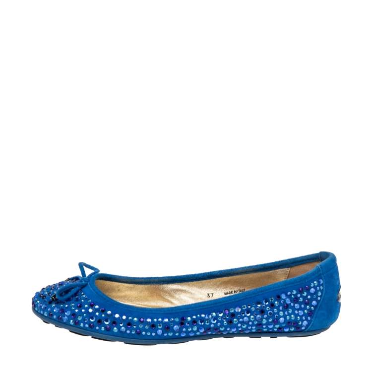 Pre Owned Jimmy Choo Blue Crystal Embellished Suede Walsh Bow Ballet Flats Size 37