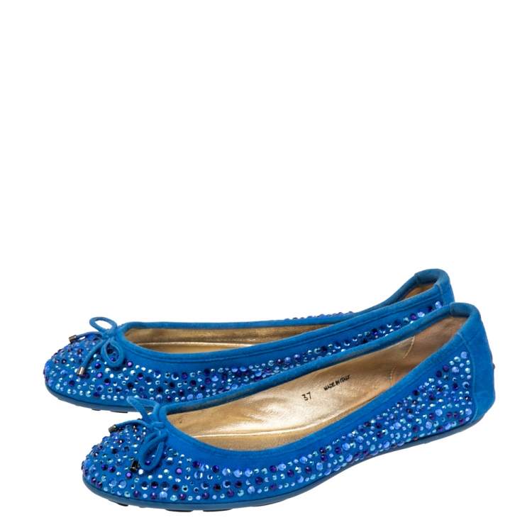 Pre Owned Jimmy Choo Blue Crystal Embellished Suede Walsh Bow Ballet Flats Size 37