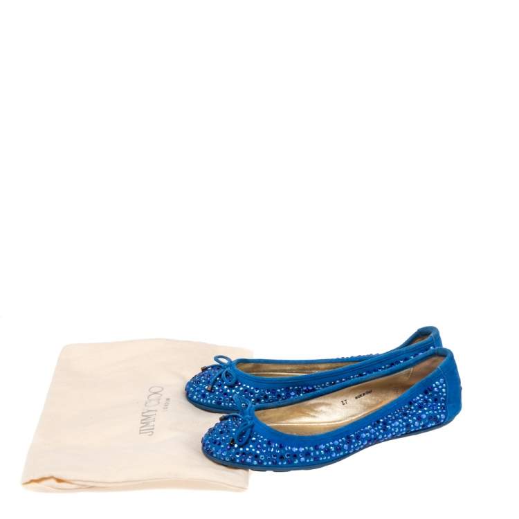 Pre Owned Jimmy Choo Blue Crystal Embellished Suede Walsh Bow Ballet Flats Size 37