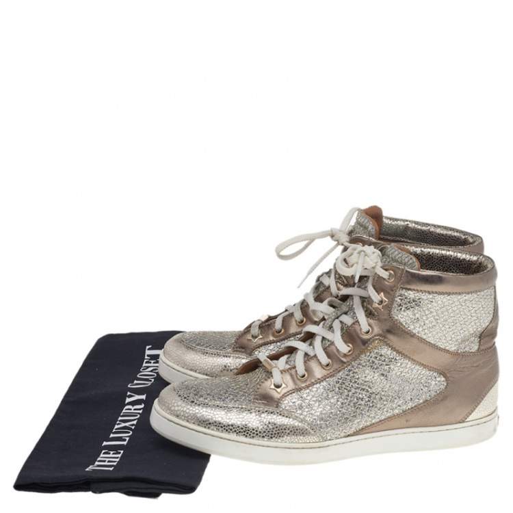 Pre Owned Jimmy Choo Metallic Gold Leather And Glitter Miami High Top Sneakers Size 38.5