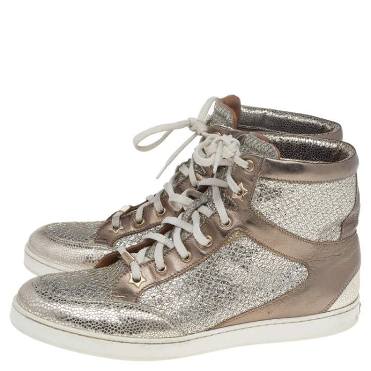 Pre Owned Jimmy Choo Metallic Gold Leather And Glitter Miami High Top Sneakers Size 38.5