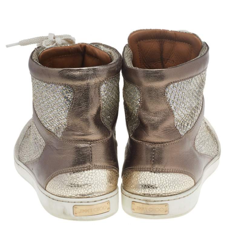 Pre Owned Jimmy Choo Metallic Gold Leather And Glitter Miami High Top Sneakers Size 38.5