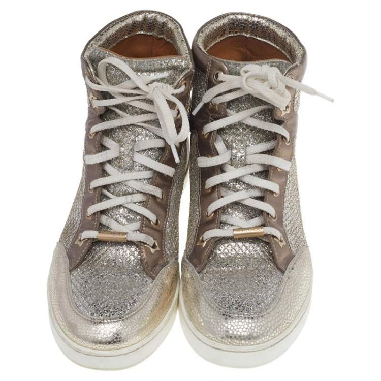 Pre Owned Jimmy Choo Metallic Gold Leather And Glitter Miami High Top Sneakers Size 38.5