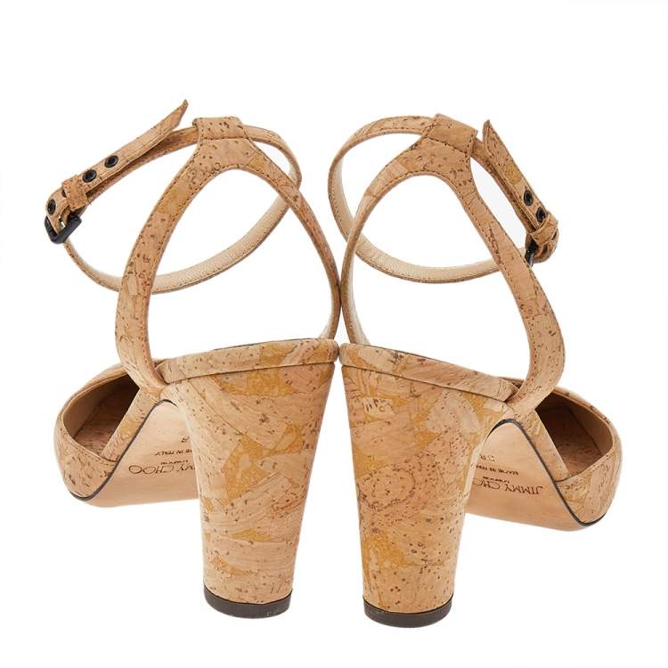 Pre Owned Jimmy Choo Beige Cork Micky Pointed Toe Ankle Strap Pumps Size 38