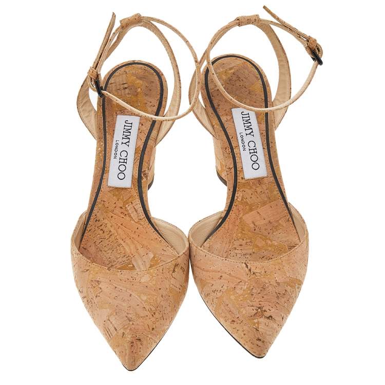 Pre Owned Jimmy Choo Beige Cork Micky Pointed Toe Ankle Strap Pumps Size 38