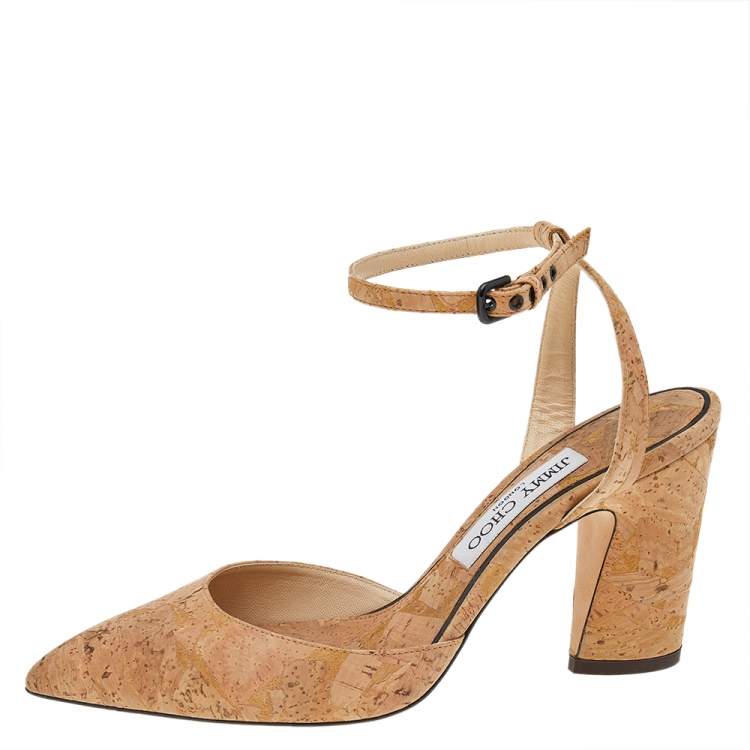 Pre Owned Jimmy Choo Beige Cork Micky Pointed Toe Ankle Strap Pumps Size 38