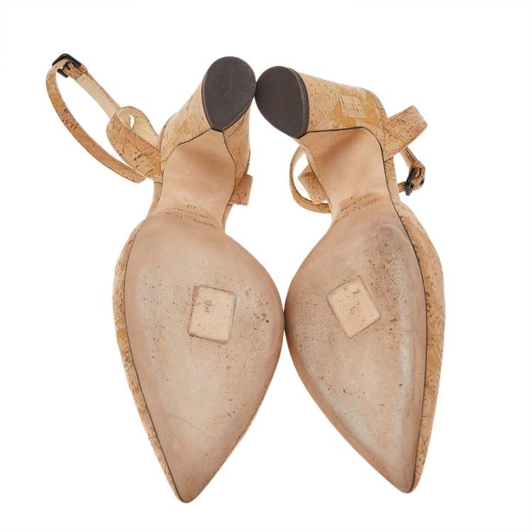 Pre Owned Jimmy Choo Beige Cork Micky Pointed Toe Ankle Strap Pumps Size 38