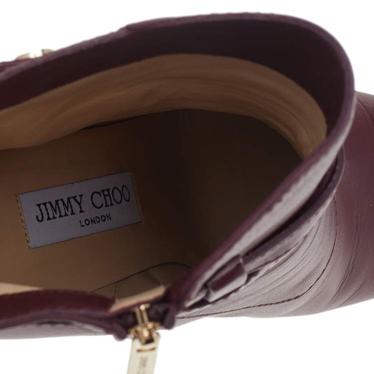 Pre Owned Jimmy Choo Burgundy Leather Biker Mid Calf Length Boots Size 37