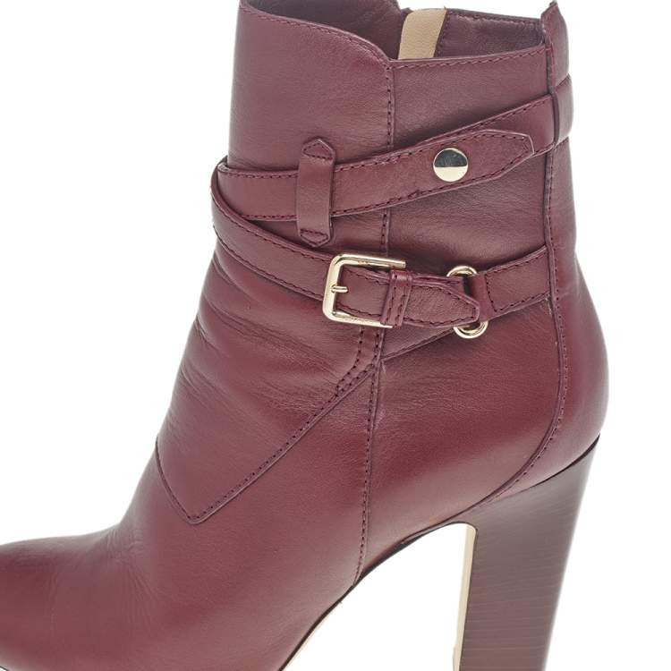 Pre Owned Jimmy Choo Burgundy Leather Biker Mid Calf Length Boots Size 37