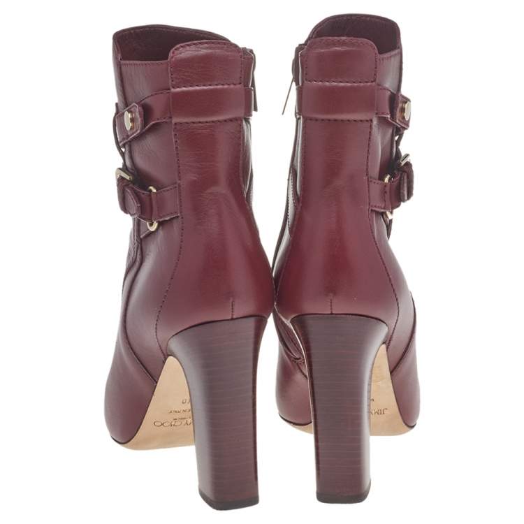 Pre Owned Jimmy Choo Burgundy Leather Biker Mid Calf Length Boots Size 37