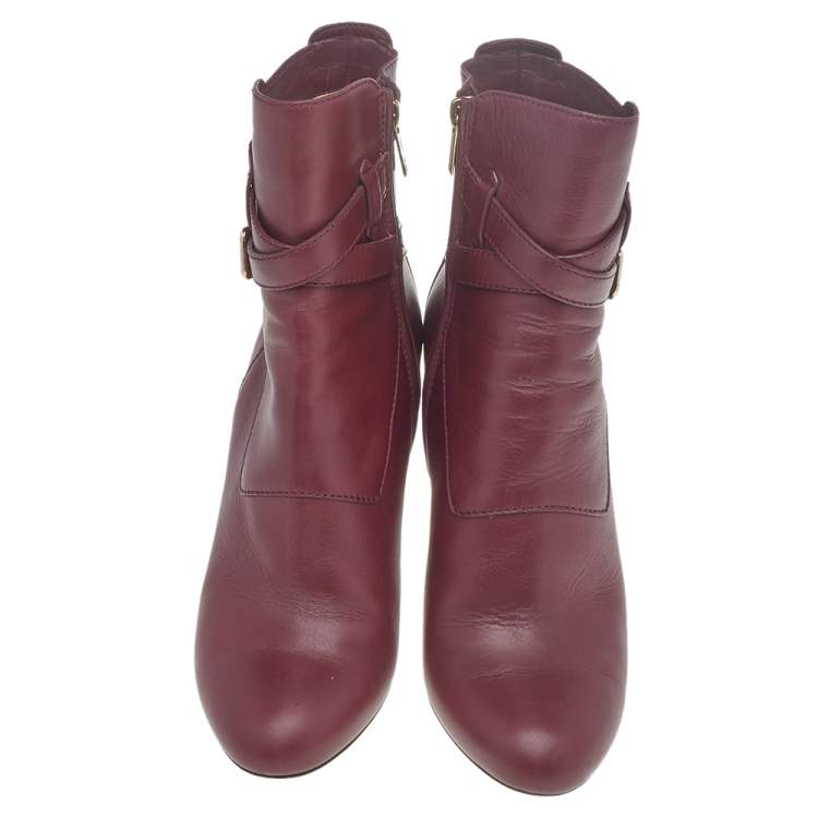 Pre Owned Jimmy Choo Burgundy Leather Biker Mid Calf Length Boots Size 37