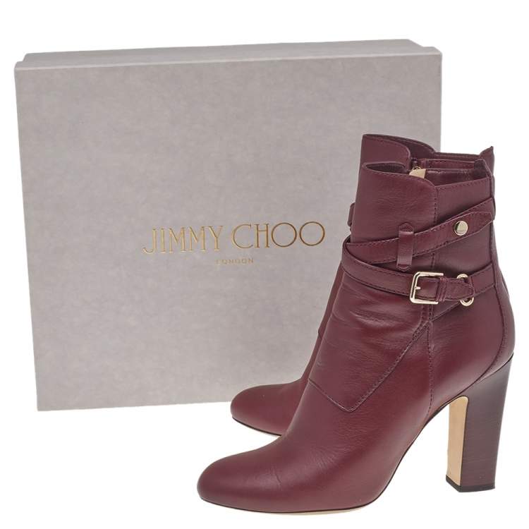 Pre Owned Jimmy Choo Burgundy Leather Biker Mid Calf Length Boots Size 37