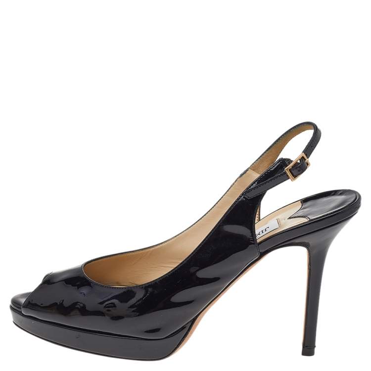 مملوكة مسبقًا Jimmy Choo Black Patent Leather Peep Toe Ankle Strap Sandals Size 38