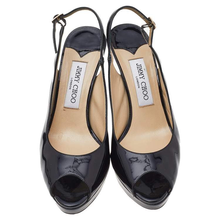 مملوكة مسبقًا Jimmy Choo Black Patent Leather Peep Toe Ankle Strap Sandals Size 38