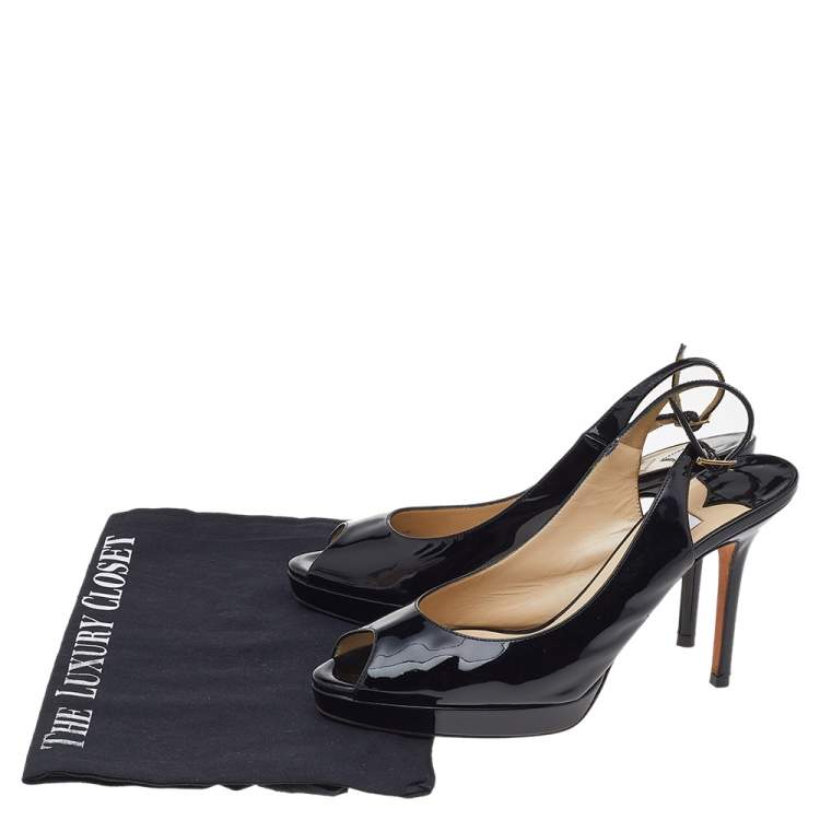 مملوكة مسبقًا Jimmy Choo Black Patent Leather Peep Toe Ankle Strap Sandals Size 38