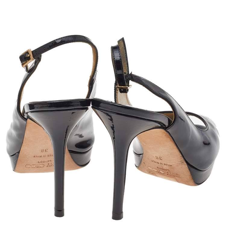 مملوكة مسبقًا Jimmy Choo Black Patent Leather Peep Toe Ankle Strap Sandals Size 38