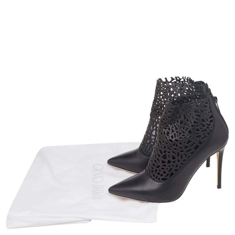 Pre Owned Jimmy Choo Black Laser Cut Leather Maurice 100 Booties Size 37.5