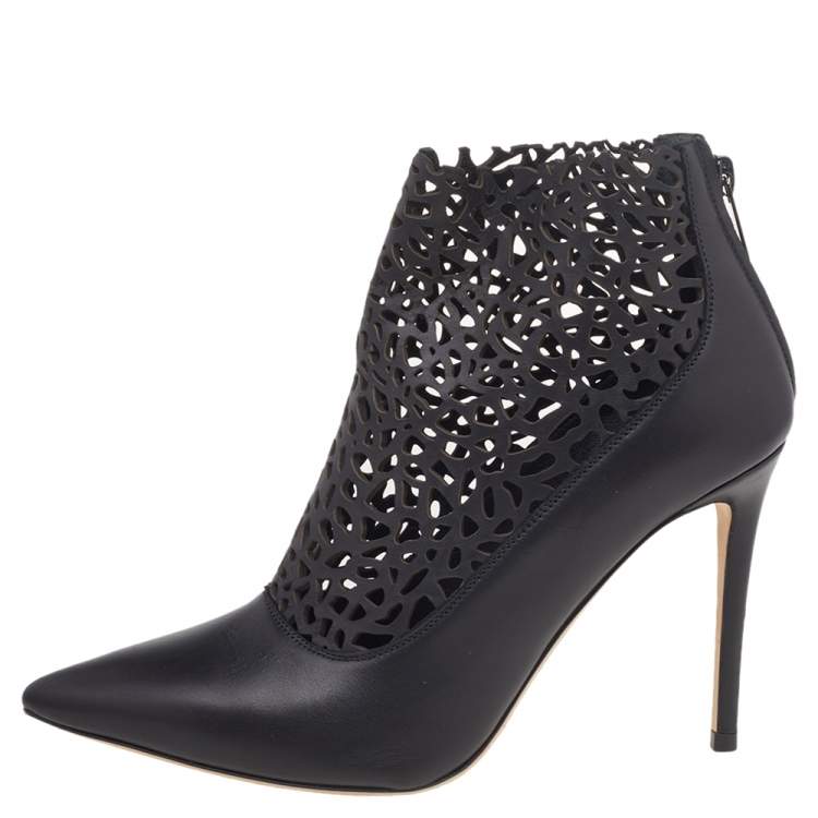 Pre Owned Jimmy Choo Black Laser Cut Leather Maurice 100 Booties Size 37.5