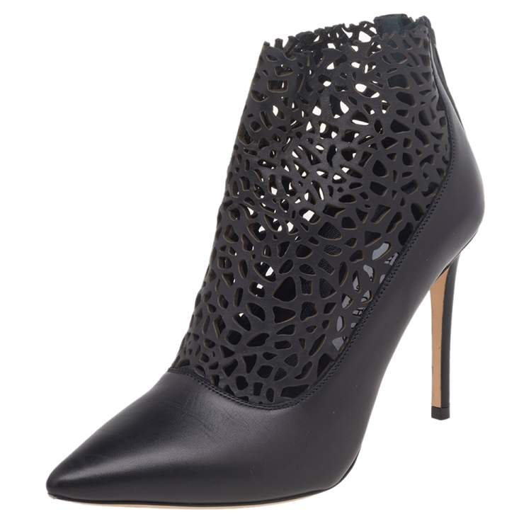 Pre Owned Jimmy Choo Black Laser Cut Leather Maurice 100 Booties Size 37.5