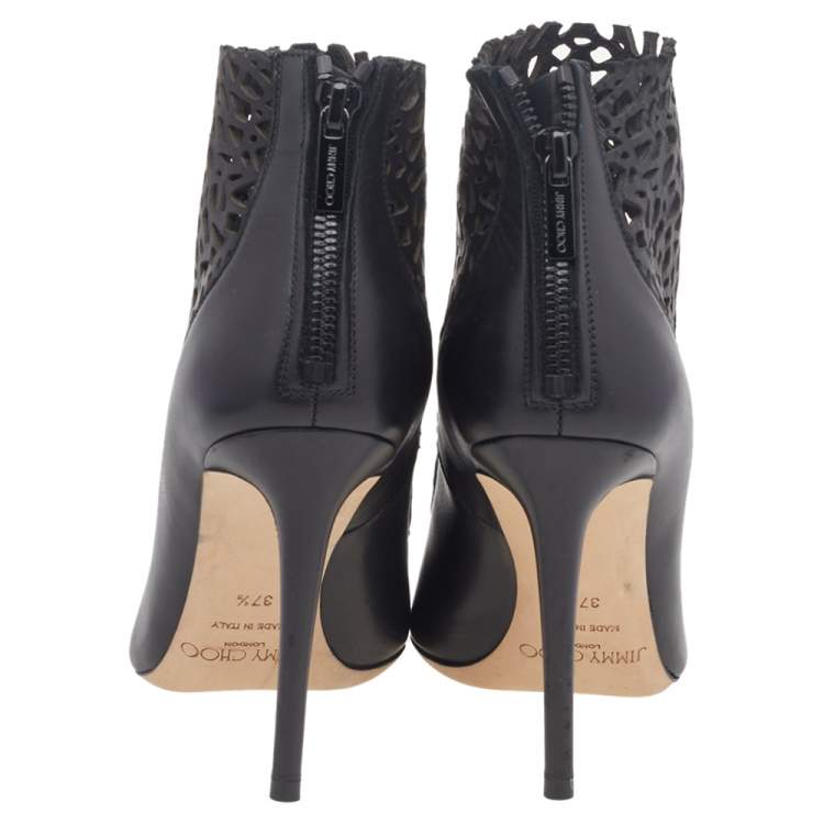 Pre Owned Jimmy Choo Black Laser Cut Leather Maurice 100 Booties Size 37.5