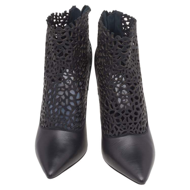 Pre Owned Jimmy Choo Black Laser Cut Leather Maurice 100 Booties Size 37.5