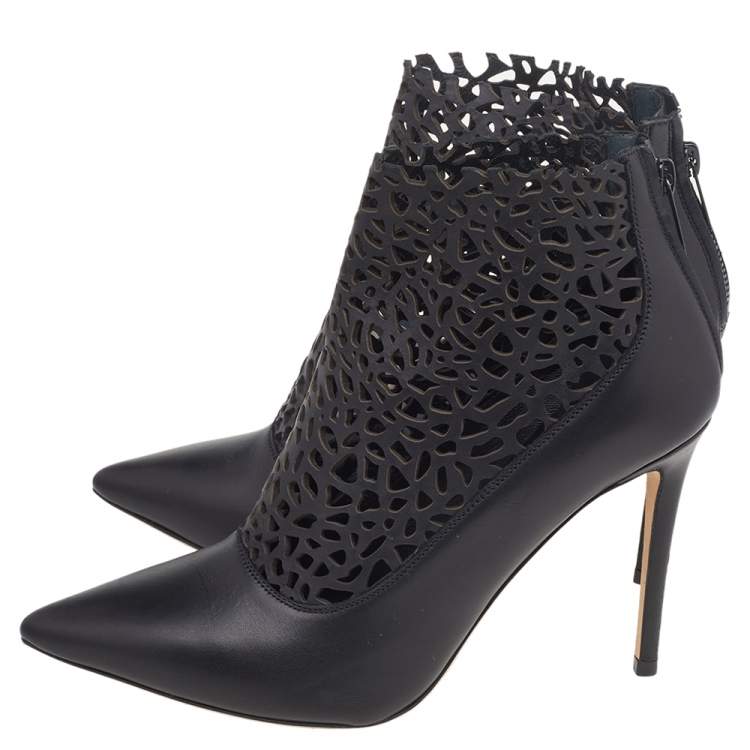 Pre Owned Jimmy Choo Black Laser Cut Leather Maurice 100 Booties Size 37.5