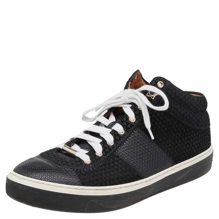 Pre Owned Jimmy Choo Black Embossed Leather And Suede Low Top Sneakers Size 38.5