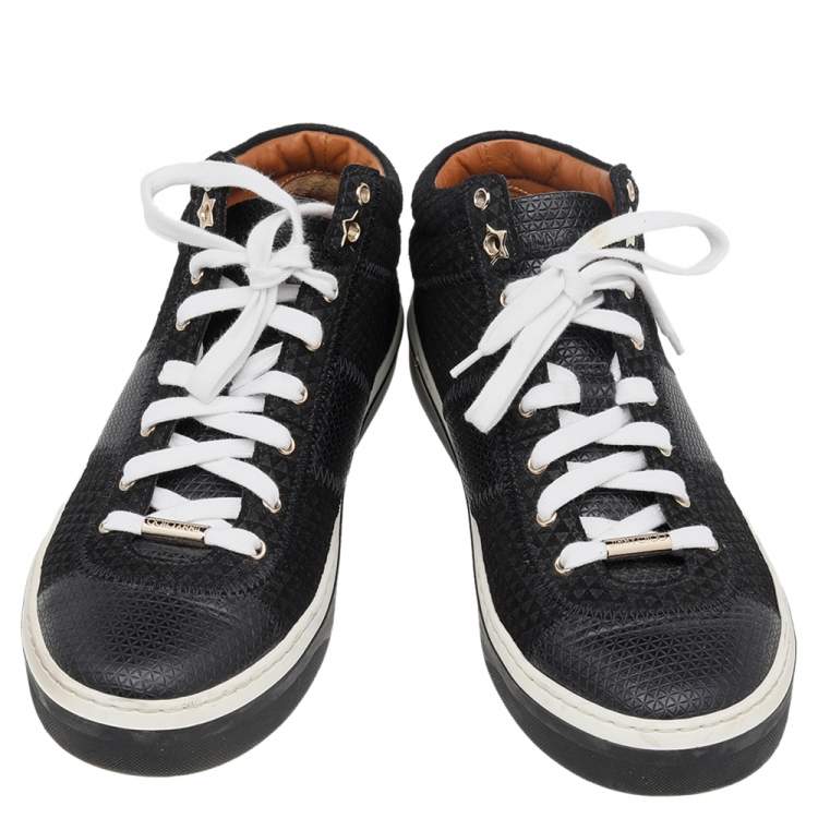 Pre Owned Jimmy Choo Black Embossed Leather And Suede Low Top Sneakers Size 38.5