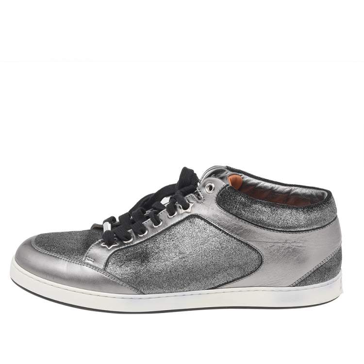 Pre Owned Jimmy Choo Metallic Grey Leather And Fabric Miami Low Top Sneakers Size 41
