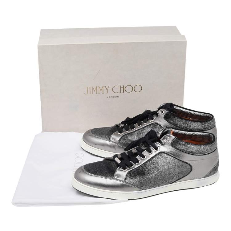 Pre Owned Jimmy Choo Metallic Grey Leather And Fabric Miami Low Top Sneakers Size 41