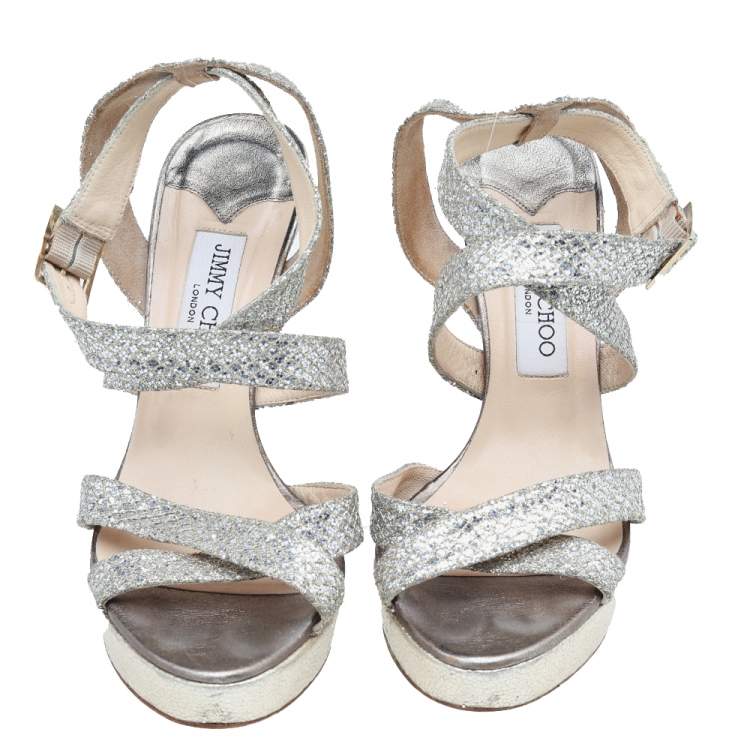 Pre Owned Jimmy Choo Metallic Gold Glitter Fabric Vamp Platform Strappy Sandals Size 40