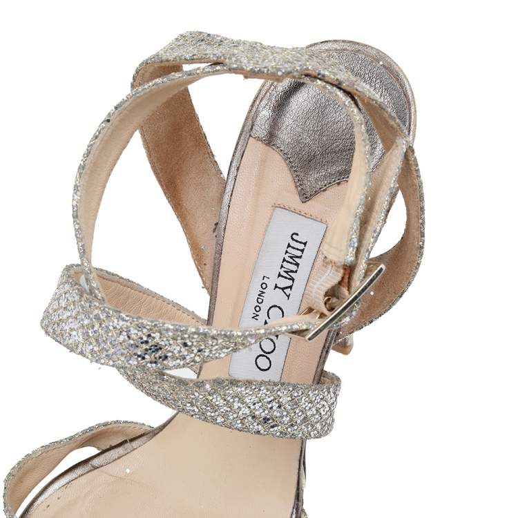 Pre Owned Jimmy Choo Metallic Gold Glitter Fabric Vamp Platform Strappy Sandals Size 40