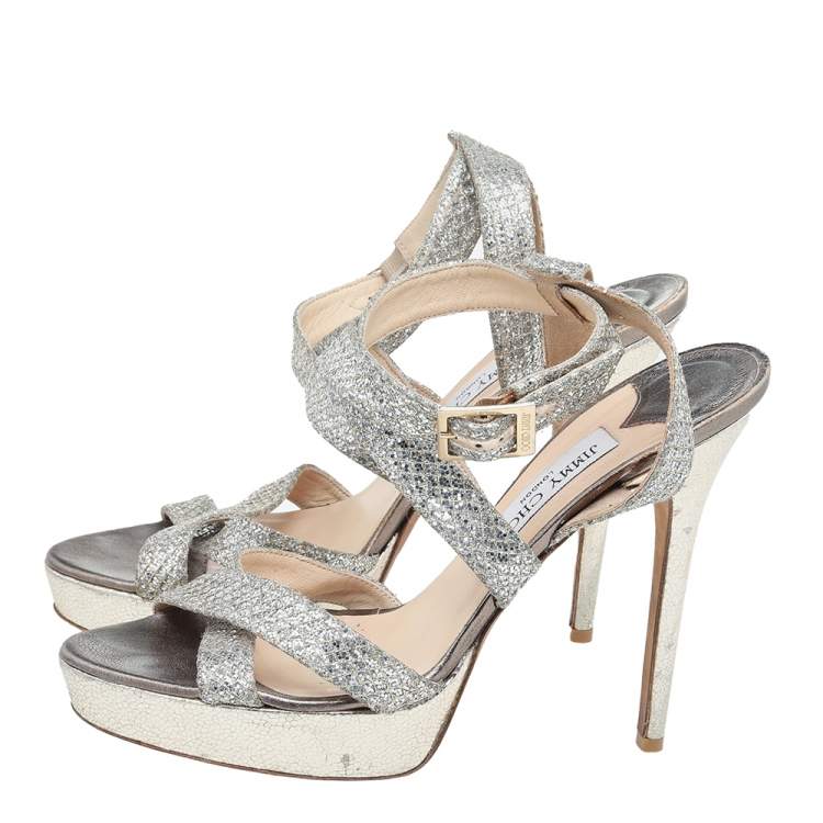 Pre Owned Jimmy Choo Metallic Gold Glitter Fabric Vamp Platform Strappy Sandals Size 40