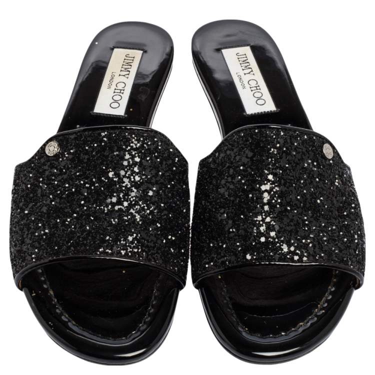 Pre Owned Jimmy Choo Metallic Black Glitter Nanda Flat Slides Size 37.5