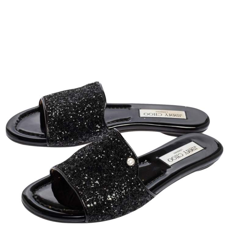 Pre Owned Jimmy Choo Metallic Black Glitter Nanda Flat Slides Size 37.5