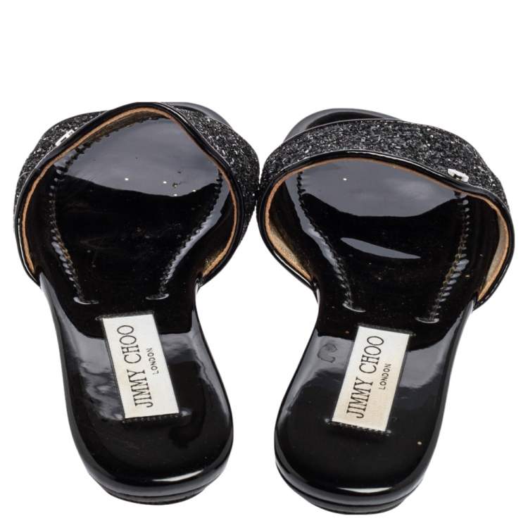 Pre Owned Jimmy Choo Metallic Black Glitter Nanda Flat Slides Size 37.5