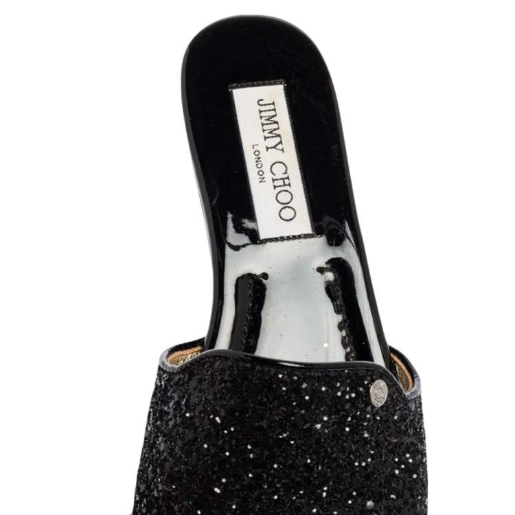 Pre Owned Jimmy Choo Metallic Black Glitter Nanda Flat Slides Size 37.5